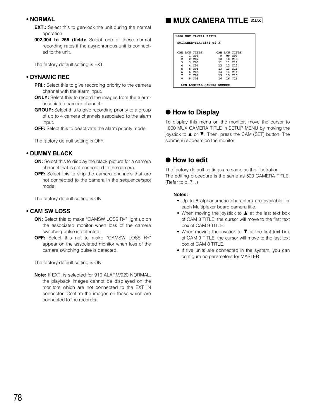 Panasonic WJ-SX150A manual MUX Camera Title MUX 