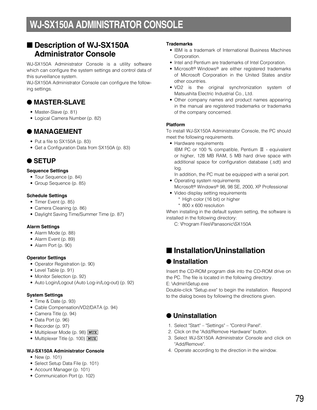 Panasonic manual Description of WJ-SX150A Administrator Console, Installation/Uninstallation 