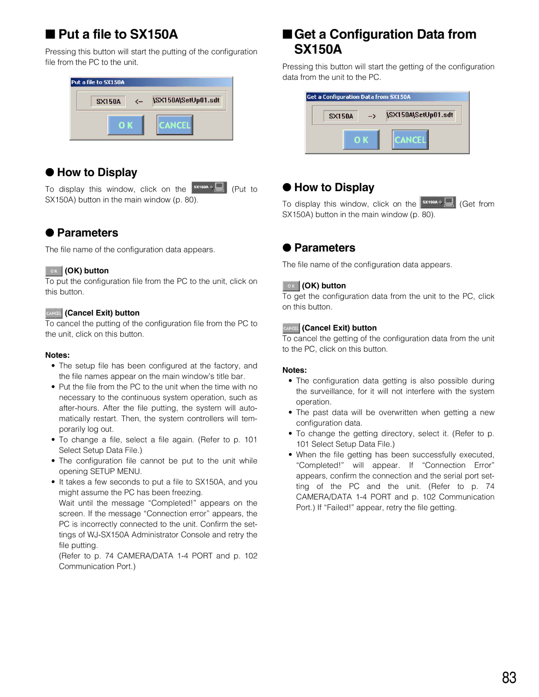 Panasonic WJ-SX150A manual Put a file to SX150A, Get a Configuration Data from SX150A, OK button 