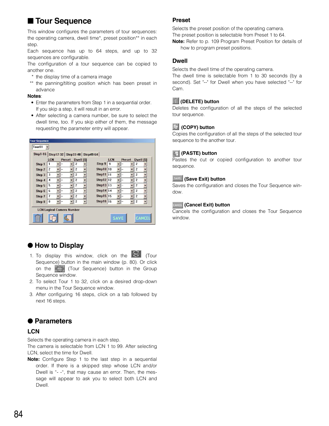 Panasonic WJ-SX150A manual Tour Sequence, Preset, Dwell 