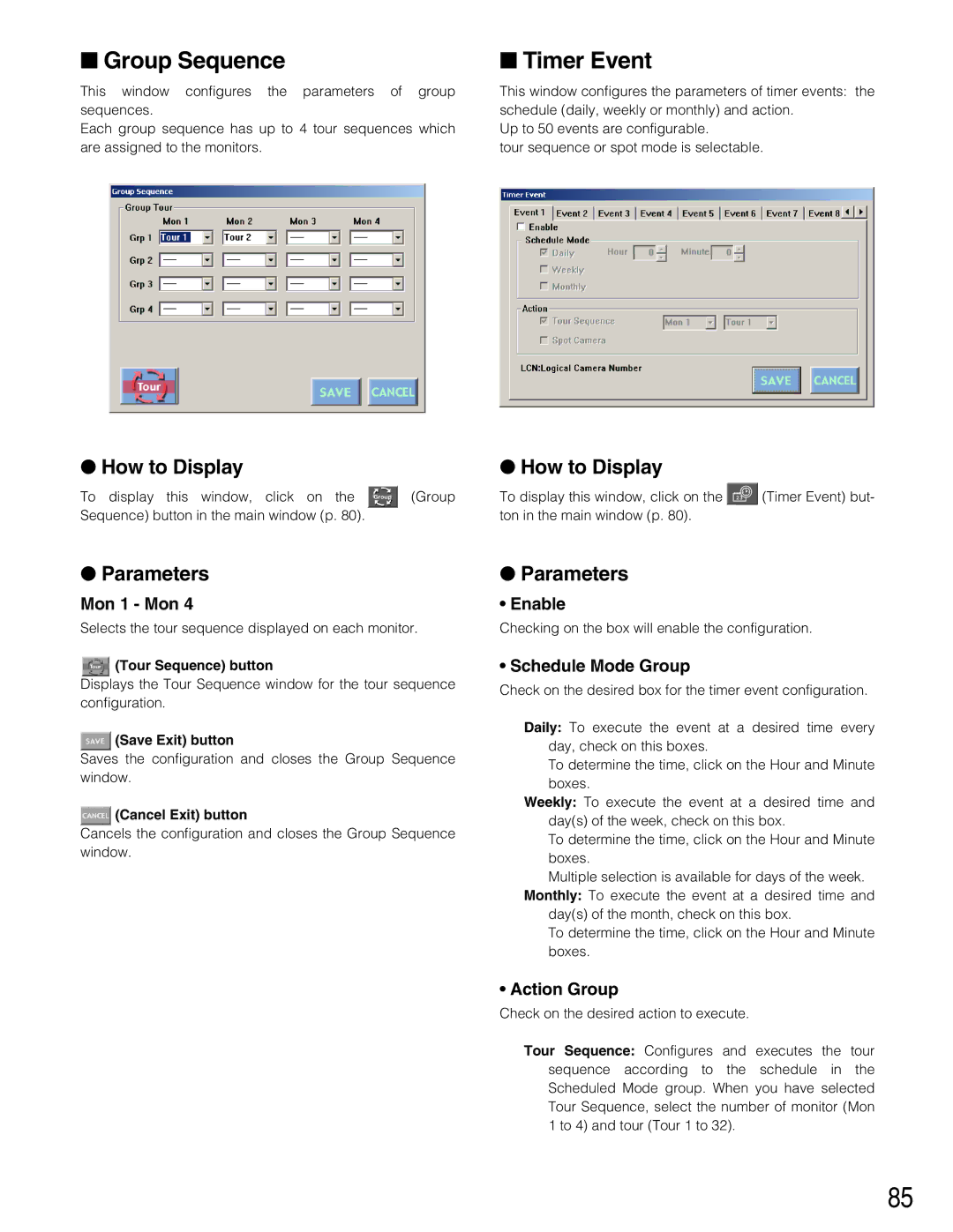 Panasonic WJ-SX150A manual Group Sequence, Mon 1 Mon, Enable, Schedule Mode Group, Action Group 