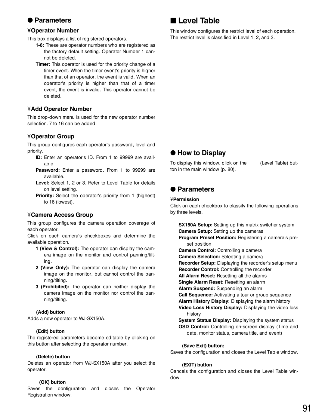 Panasonic WJ-SX150A manual Level Table, Add Operator Number, Operator Group, Camera Access Group 