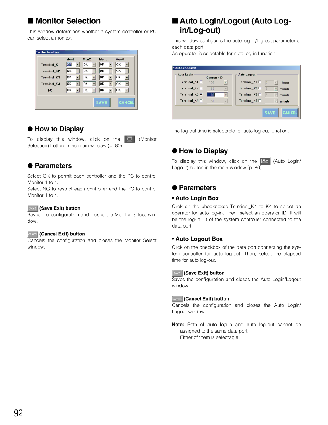 Panasonic WJ-SX150A manual Monitor Selection, Auto Login/Logout Auto Log- in/Log-out, Auto Login Box, Auto Logout Box 