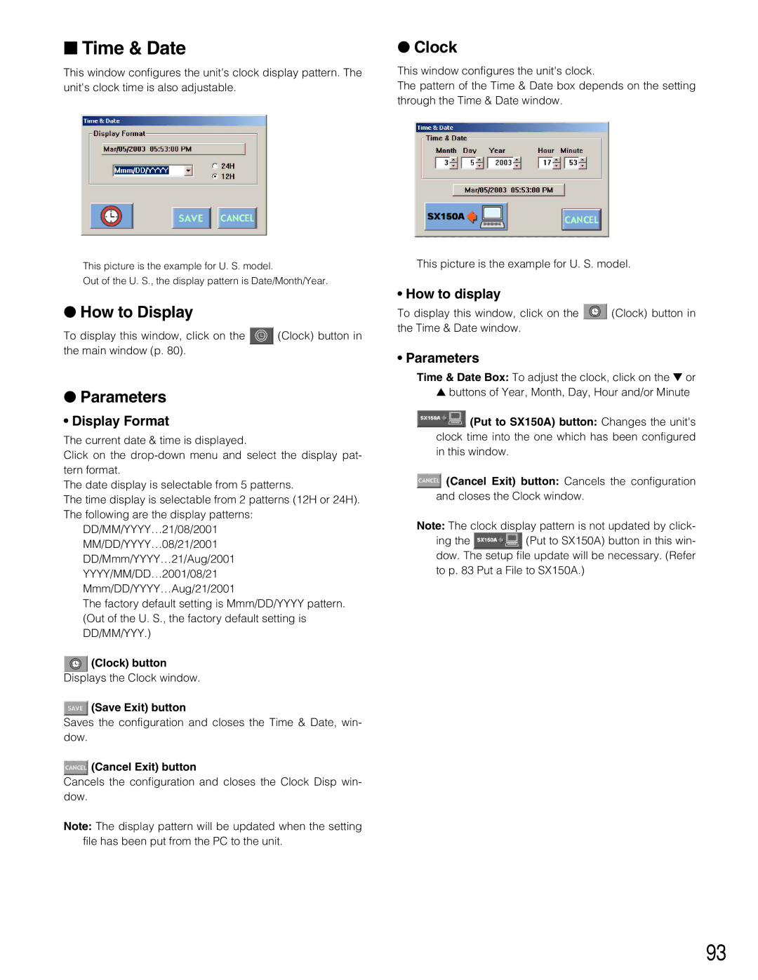 Panasonic WJ-SX150A manual Time & Date, Clock, Display Format, How to display, Parameters 