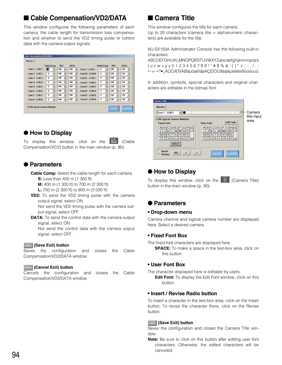 Panasonic WJ-SX150A manual Cable Compensation/VD2/DATA, Camera Title 