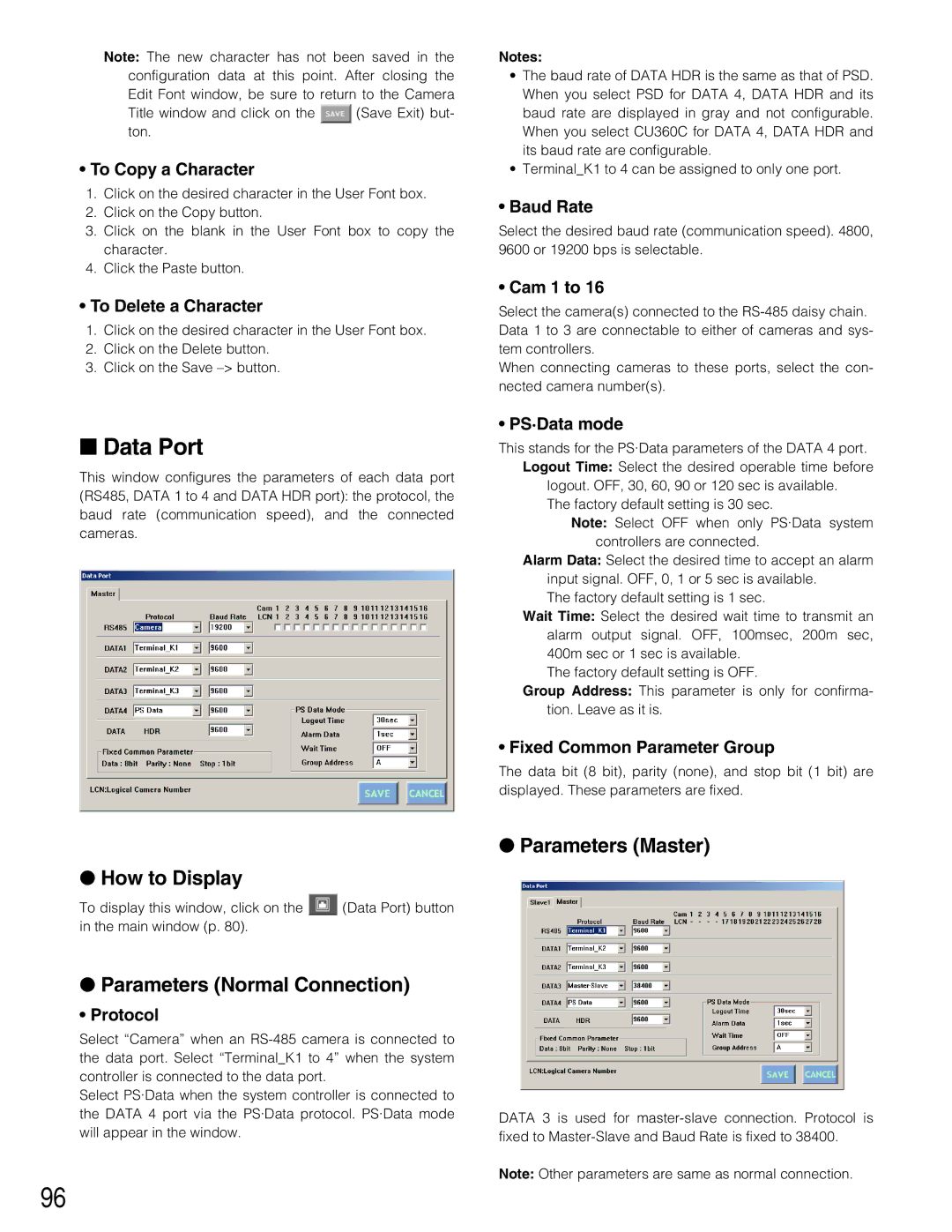 Panasonic WJ-SX150A manual Data Port, Parameters Normal Connection, Parameters Master 