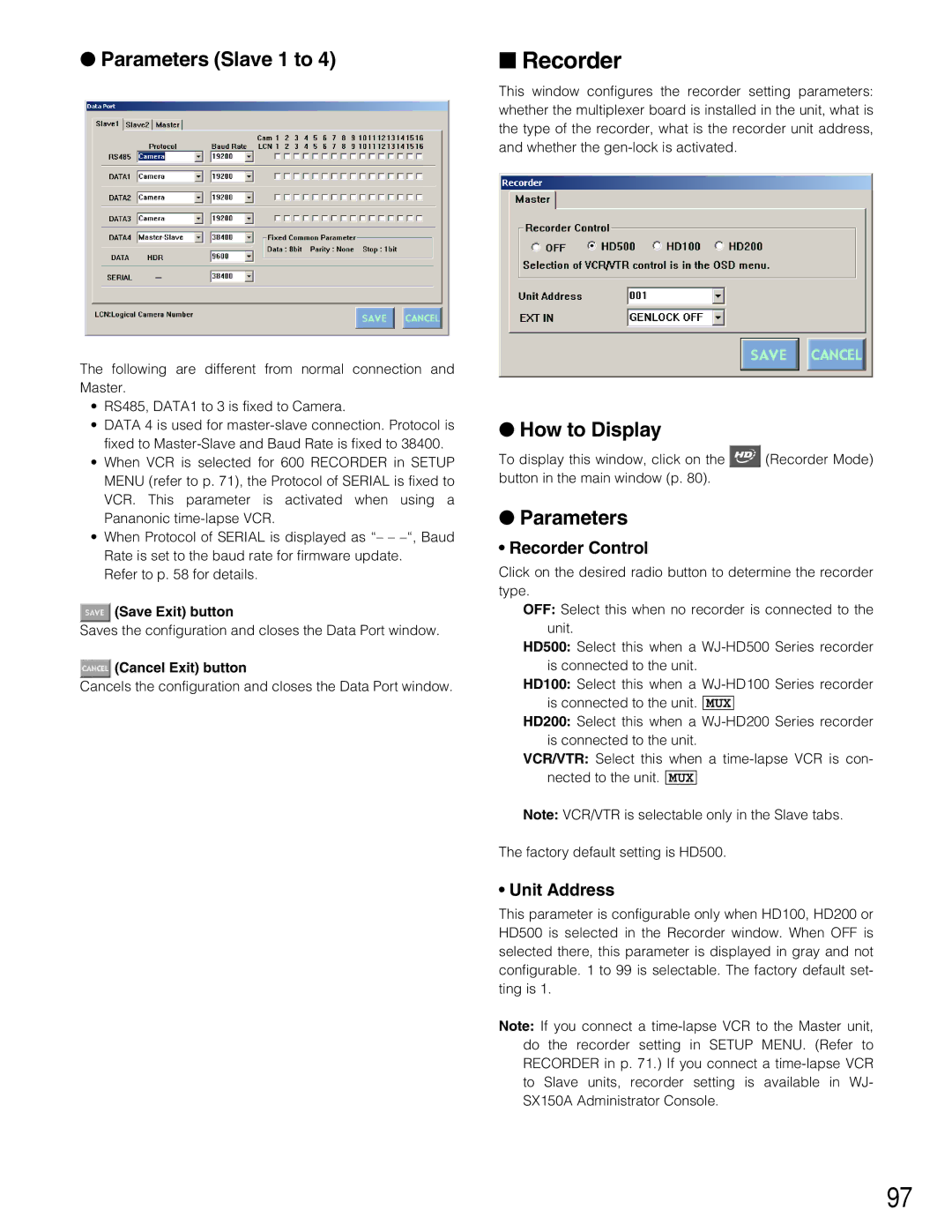 Panasonic WJ-SX150A manual Parameters Slave 1 to, Recorder Control, Unit Address 