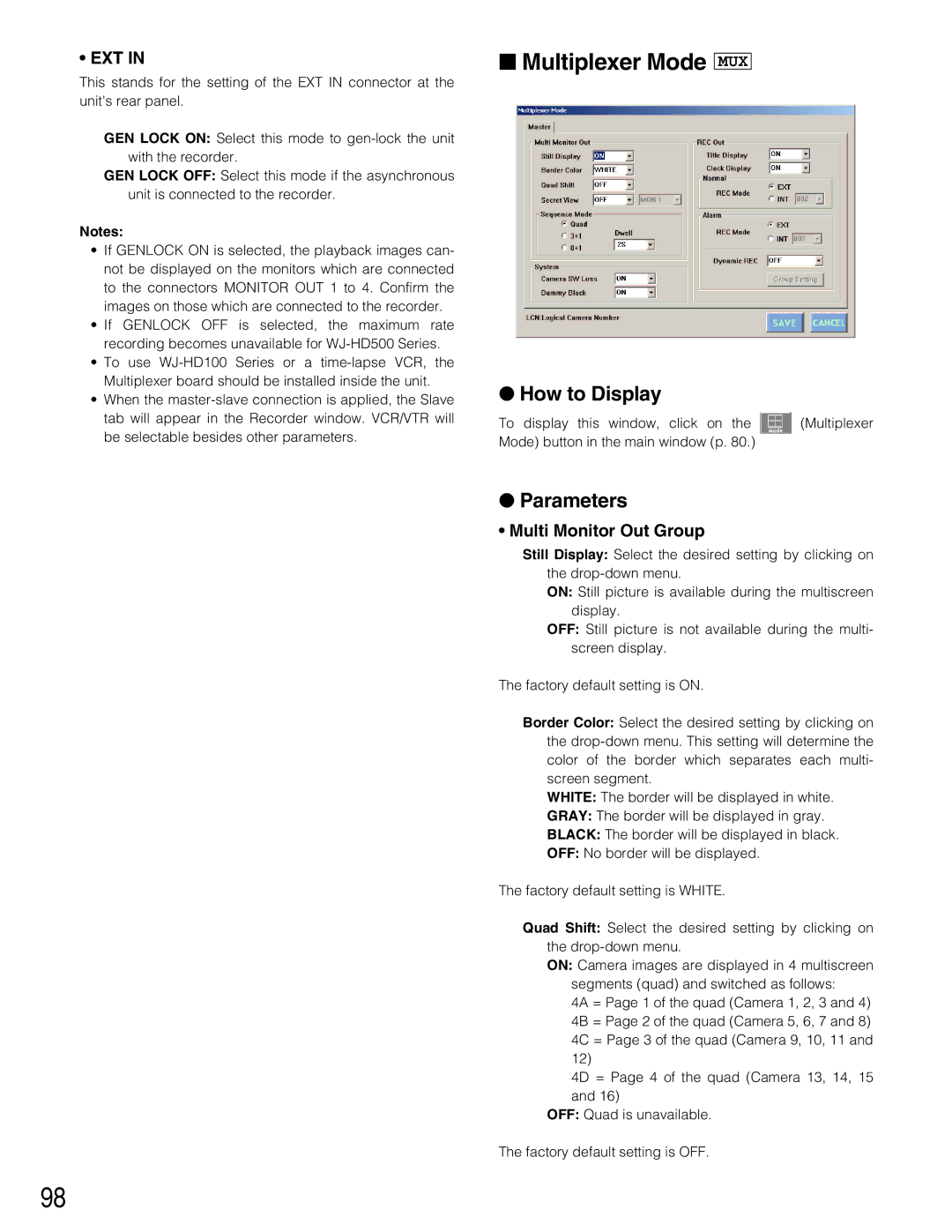 Panasonic WJ-SX150A manual Multiplexer Mode MUX, Multi Monitor Out Group 