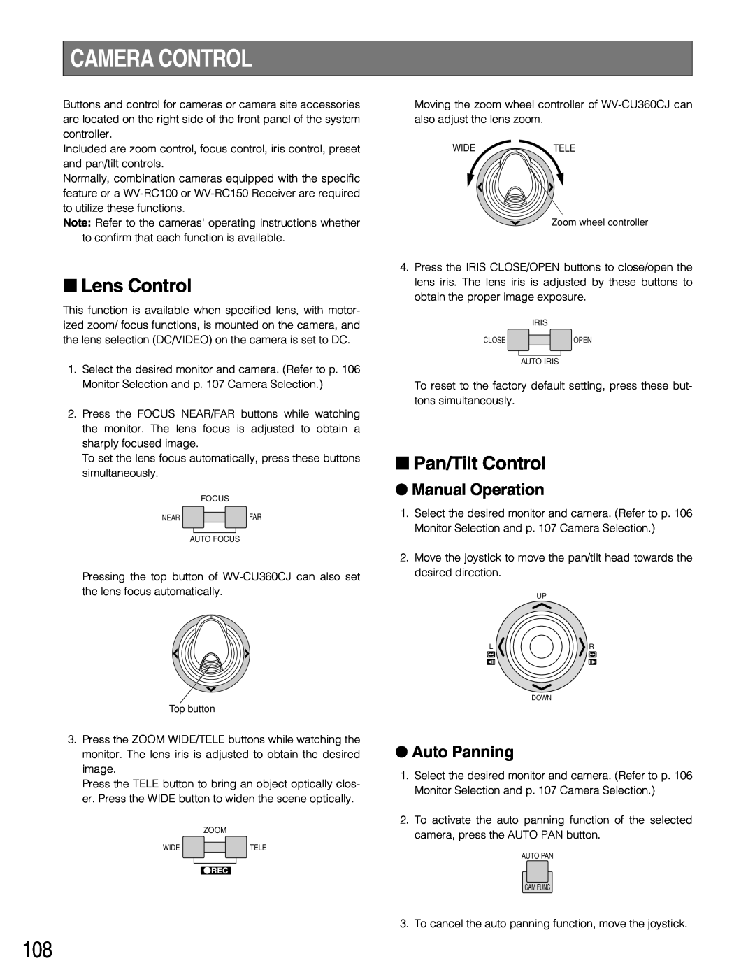 Panasonic WJ-SX150A manual Camera Control, Lens Control, Pan/Tilt Control, Manual Operation, Auto Panning 