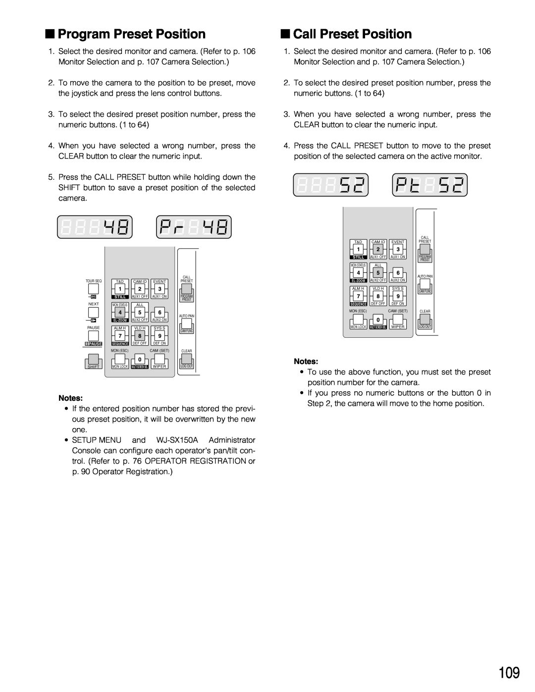 Panasonic WJ-SX150A manual Program Preset Position, Call Preset Position, Pause 