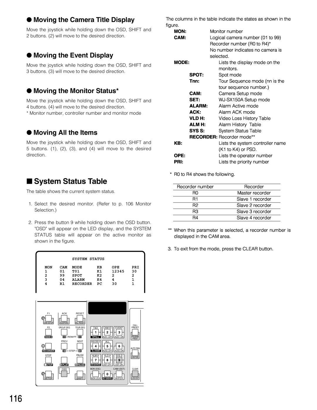 Panasonic WJ-SX150A manual Moving the Camera Title Display, Moving the Event Display, Moving the Monitor Status, Mode, Spot 