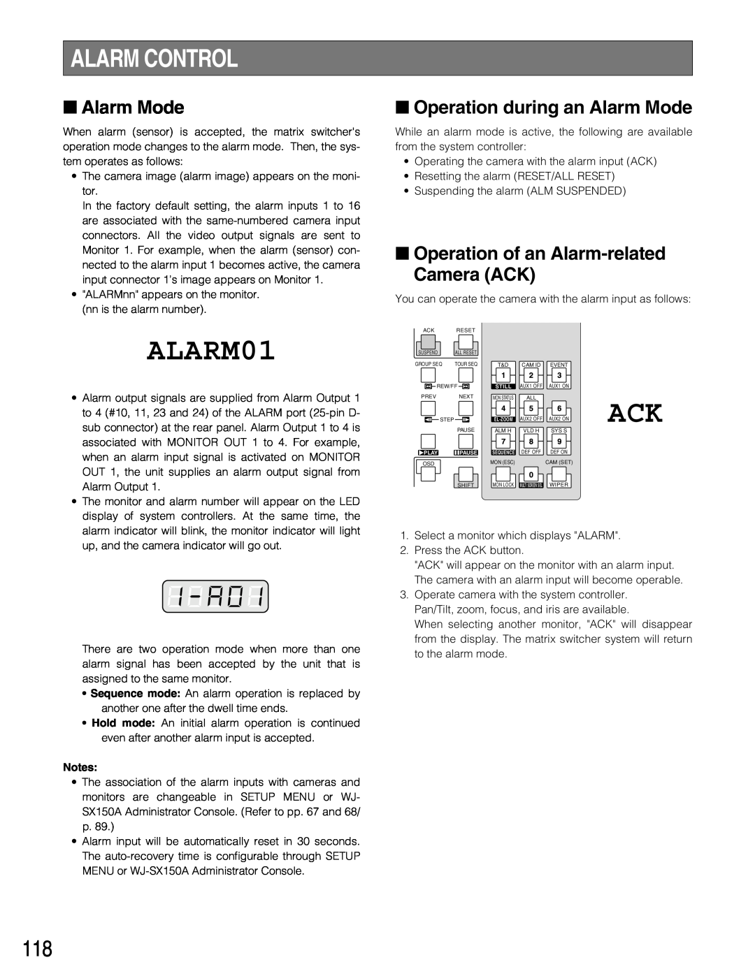 Panasonic WJ-SX150A manual ALARM01, Alarm Control, Operation during an Alarm Mode, Operation of an Alarm-related Camera ACK 