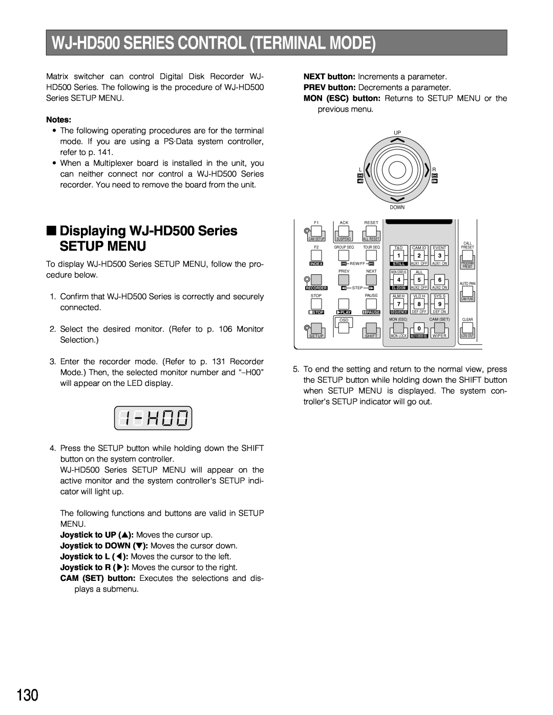 Panasonic WJ-SX150A manual WJ-HD500 SERIES CONTROL TERMINAL MODE, Displaying WJ-HD500 Series SETUP MENU 