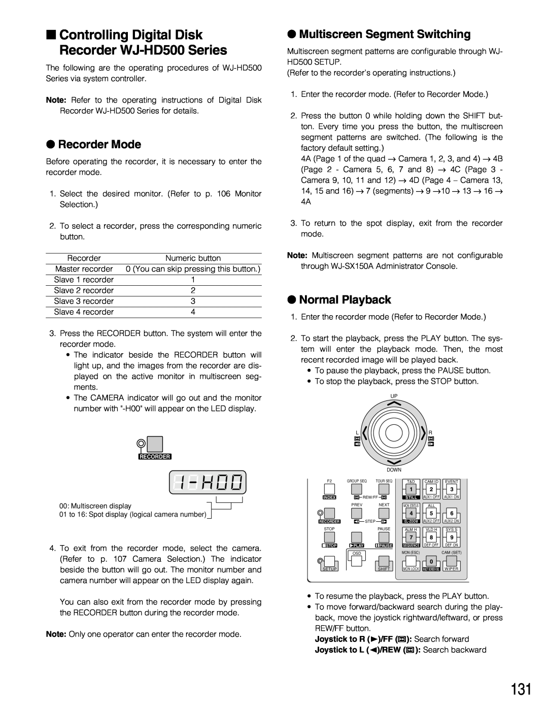Panasonic WJ-SX150A manual Controlling Digital Disk Recorder WJ-HD500 Series, Recorder Mode, Normal Playback 