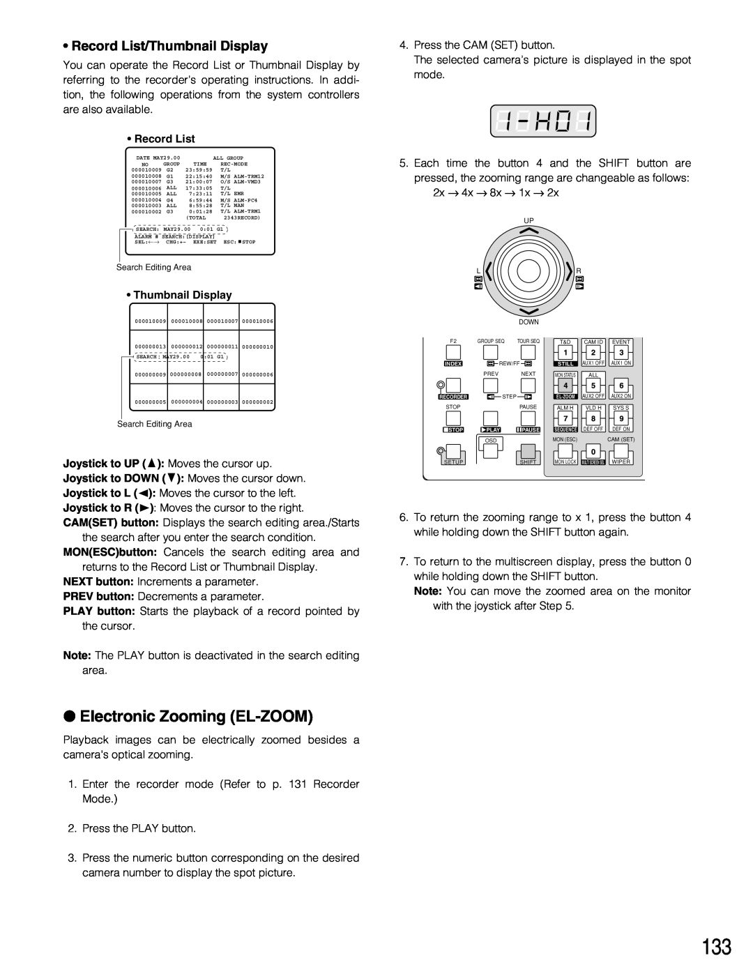 Panasonic WJ-SX150A manual Record List/Thumbnail Display, Electronic Zooming EL-ZOOM 