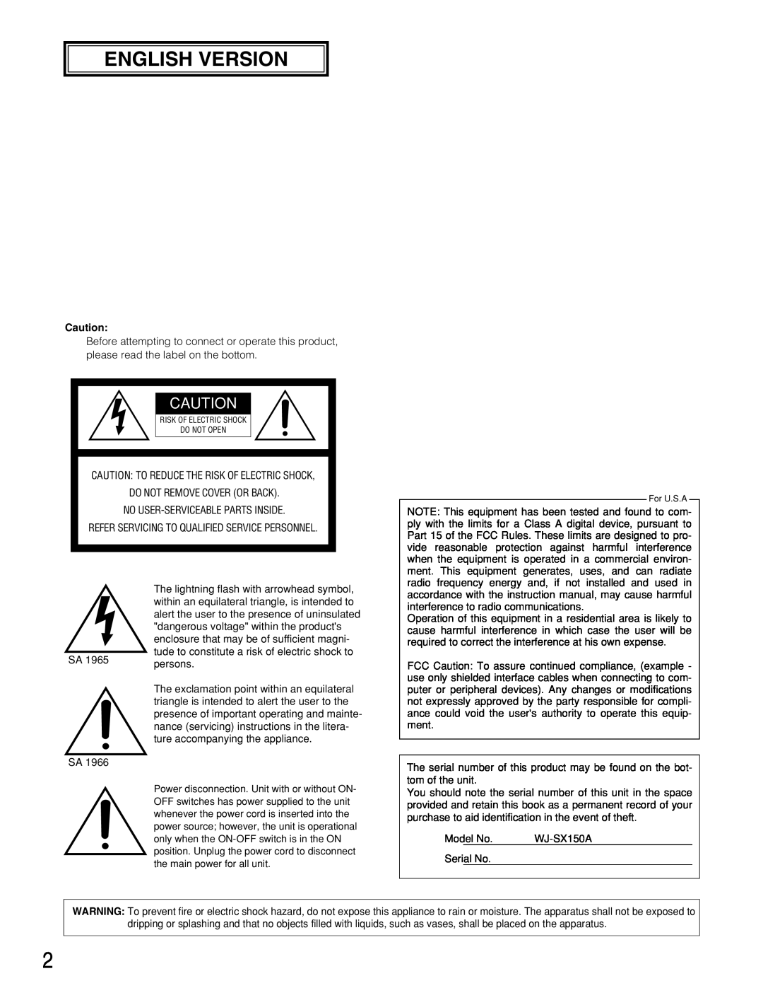Panasonic WJ-SX150A manual English Version, Risk Of Electric Shock Do Not Open, For U.S.A 