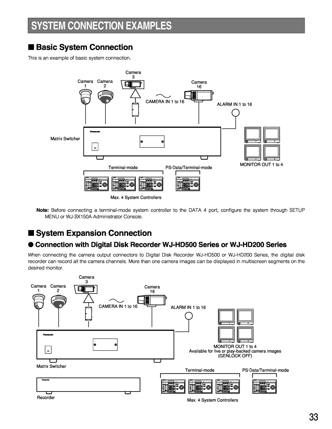 Panasonic WJ-SX150A manual System Connection Examples, Basic System Connection, System Expansion Connection 