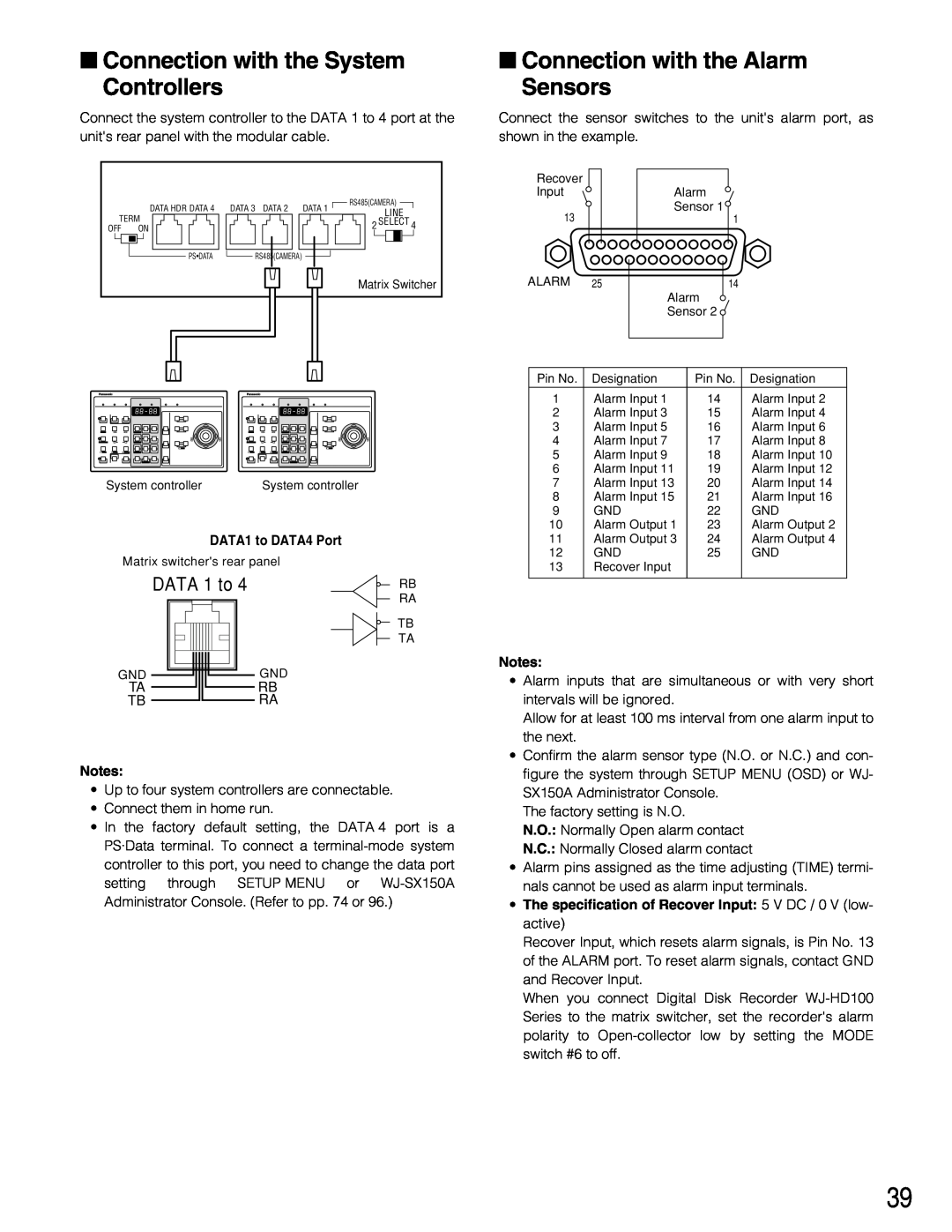 Panasonic WJ-SX150A manual Connection with the System, Connection with the Alarm, Controllers, Sensors, DATA 1 to 