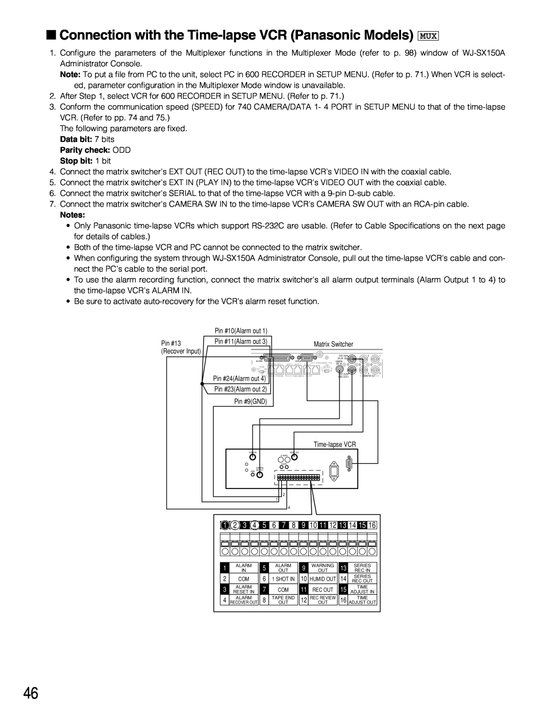 Panasonic WJ-SX150A manual Connection with the Time-lapse VCR Panasonic Models, Parity check ODD Stop bit 1 bit 