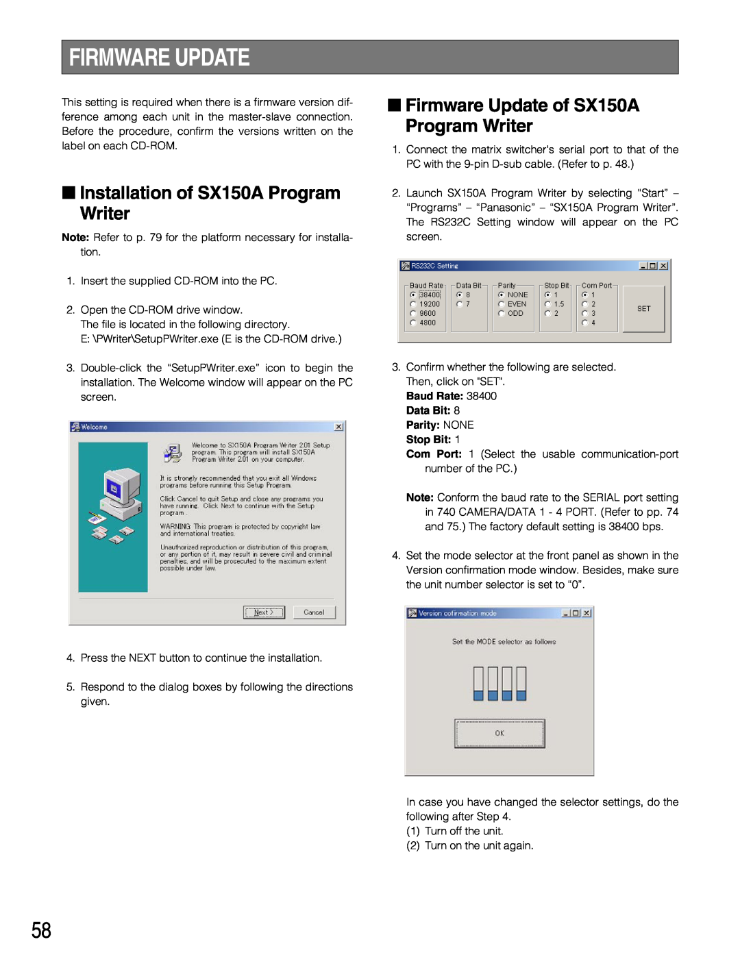 Panasonic WJ-SX150A manual Installation of SX150A Program Writer, Firmware Update of SX150A Program Writer 