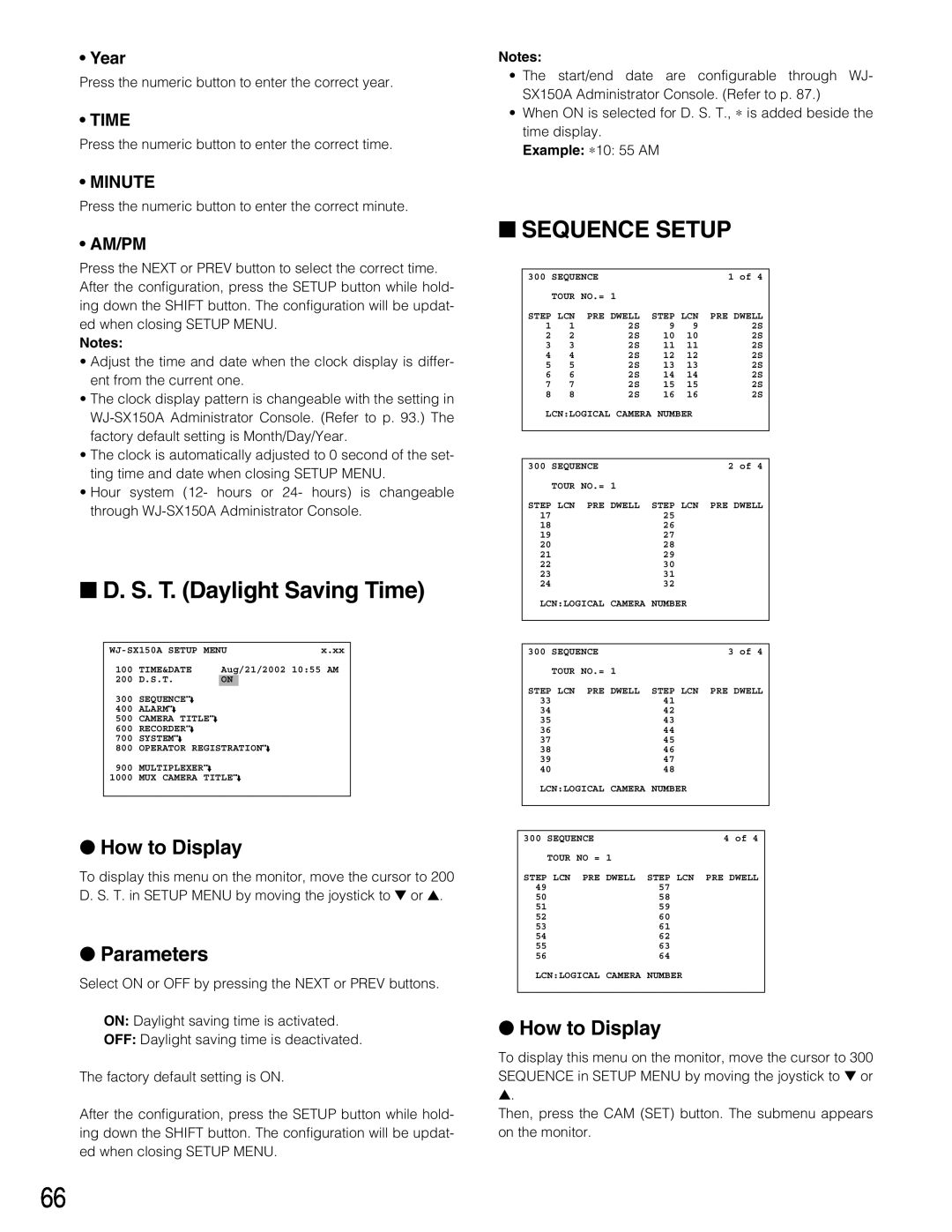 Panasonic WJ-SX150A manual D. S. T. Daylight Saving Time, Sequence Setup, Year, Minute, Am/Pm, How to Display, Parameters 