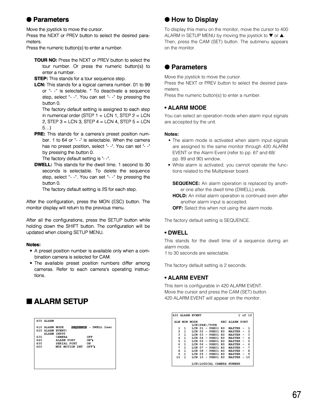 Panasonic WJ-SX150A manual Alarm Setup, Alarm Mode, Dwell, Alarm Event, Parameters, How to Display 