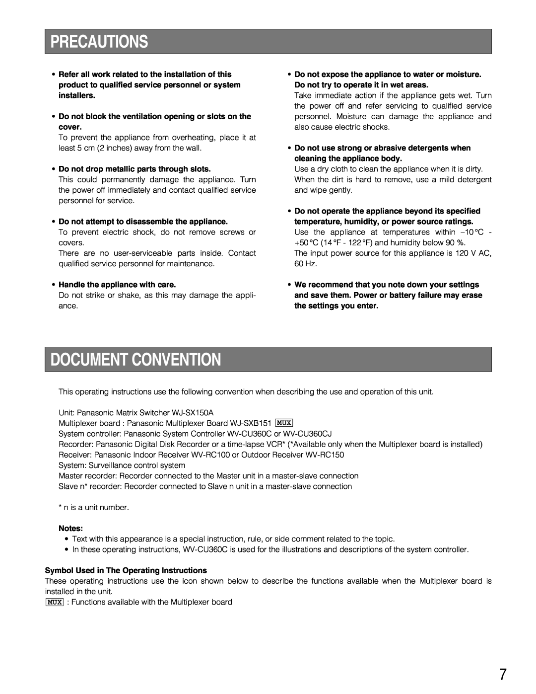 Panasonic WJ-SX150A manual Precautions, Document Convention, Do not block the ventilation opening or slots on the cover 