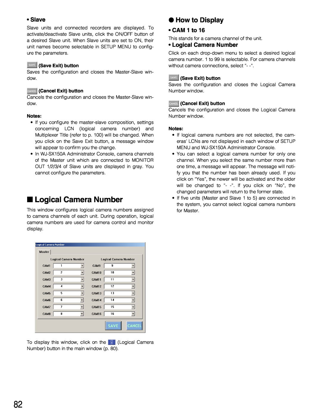 Panasonic WJ-SX150A manual Logical Camera Number, Slave, CAM 1 to, How to Display, Save Exit button, Cancel Exit button 