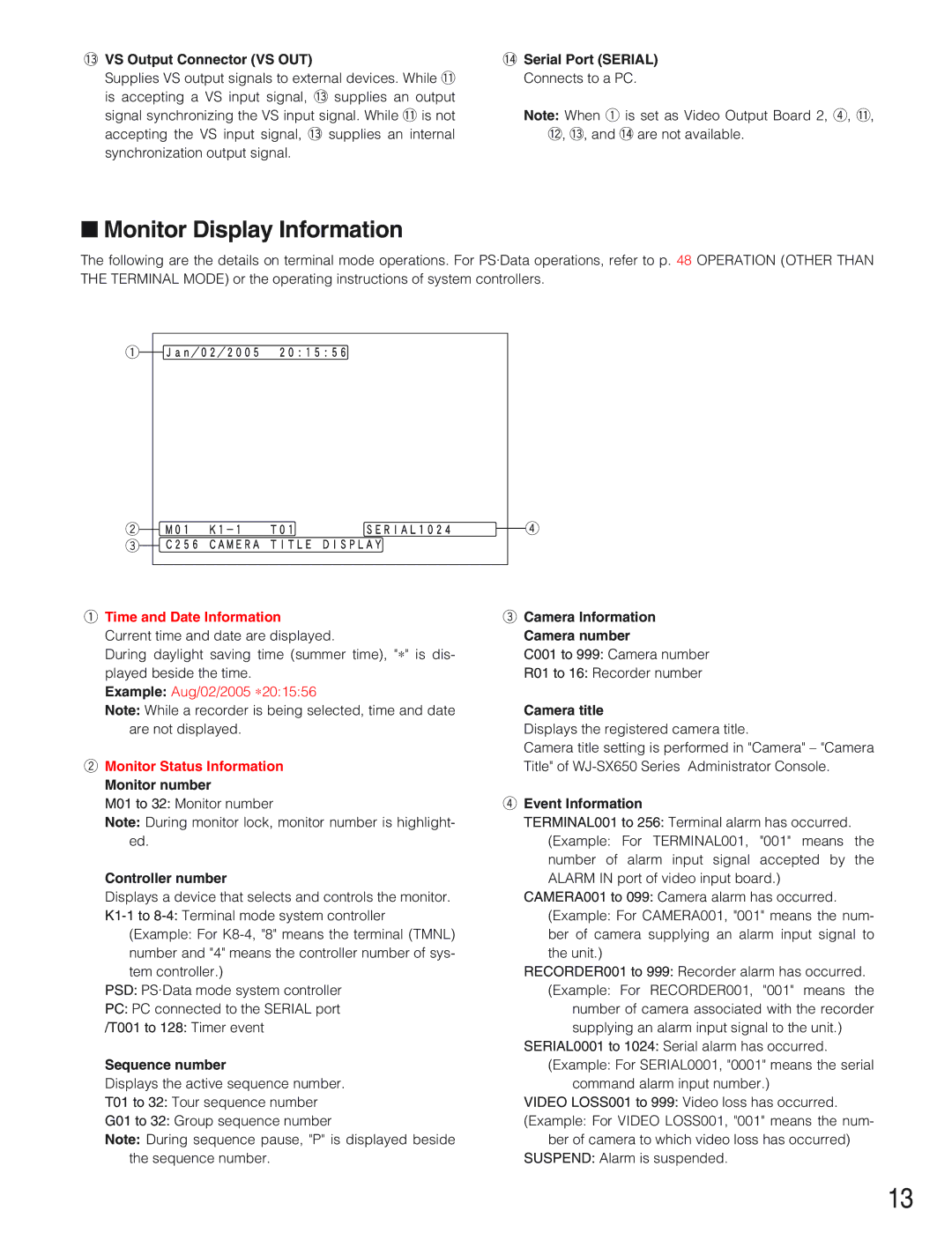 Panasonic WJ-SX650 manual Monitor Display Information 