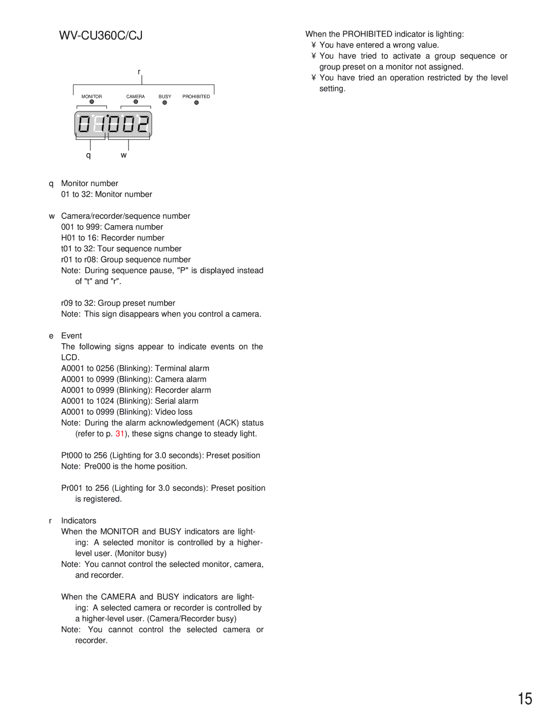 Panasonic WJ-SX650 manual WV-CU360C/CJ, Camera/recorder/sequence number 001 to 999 Camera number 