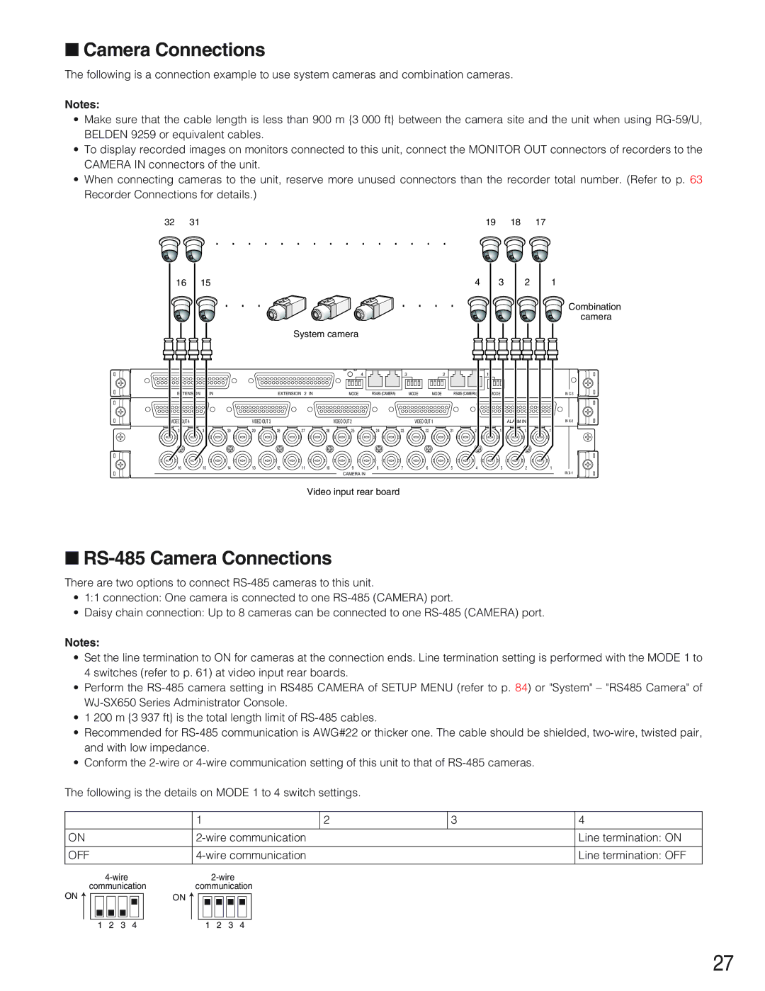 Panasonic WJ-SX650 manual RS-485 Camera Connections, Off 