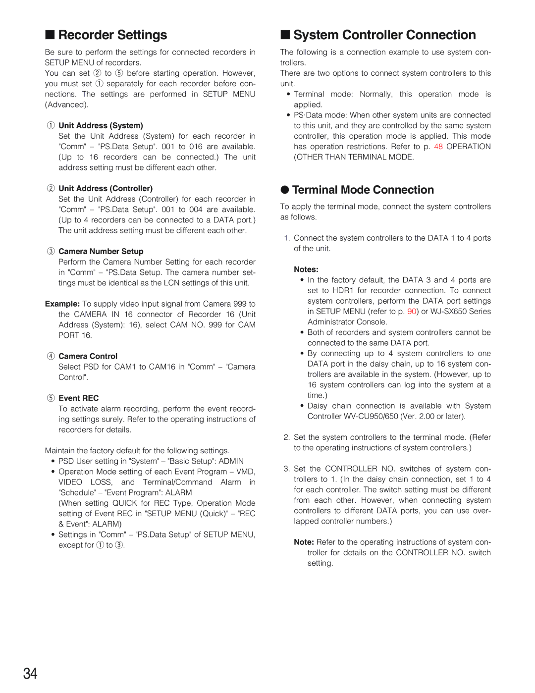 Panasonic WJ-SX650 manual Recorder Settings, System Controller Connection, Terminal Mode Connection 