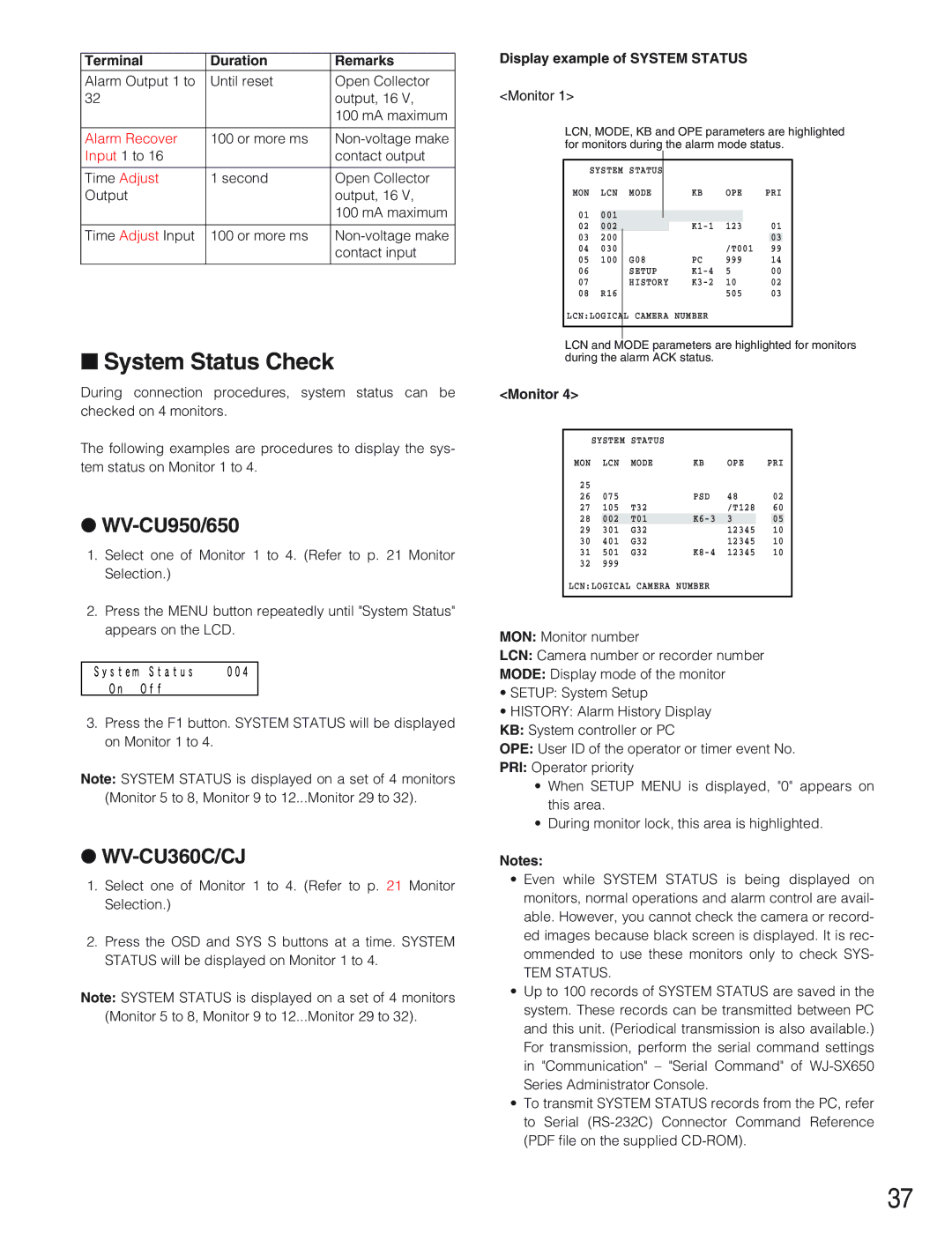 Panasonic WJ-SX650 System Status Check, Terminal Duration Remarks, Display example of System Status, Monitor, TEM Status 