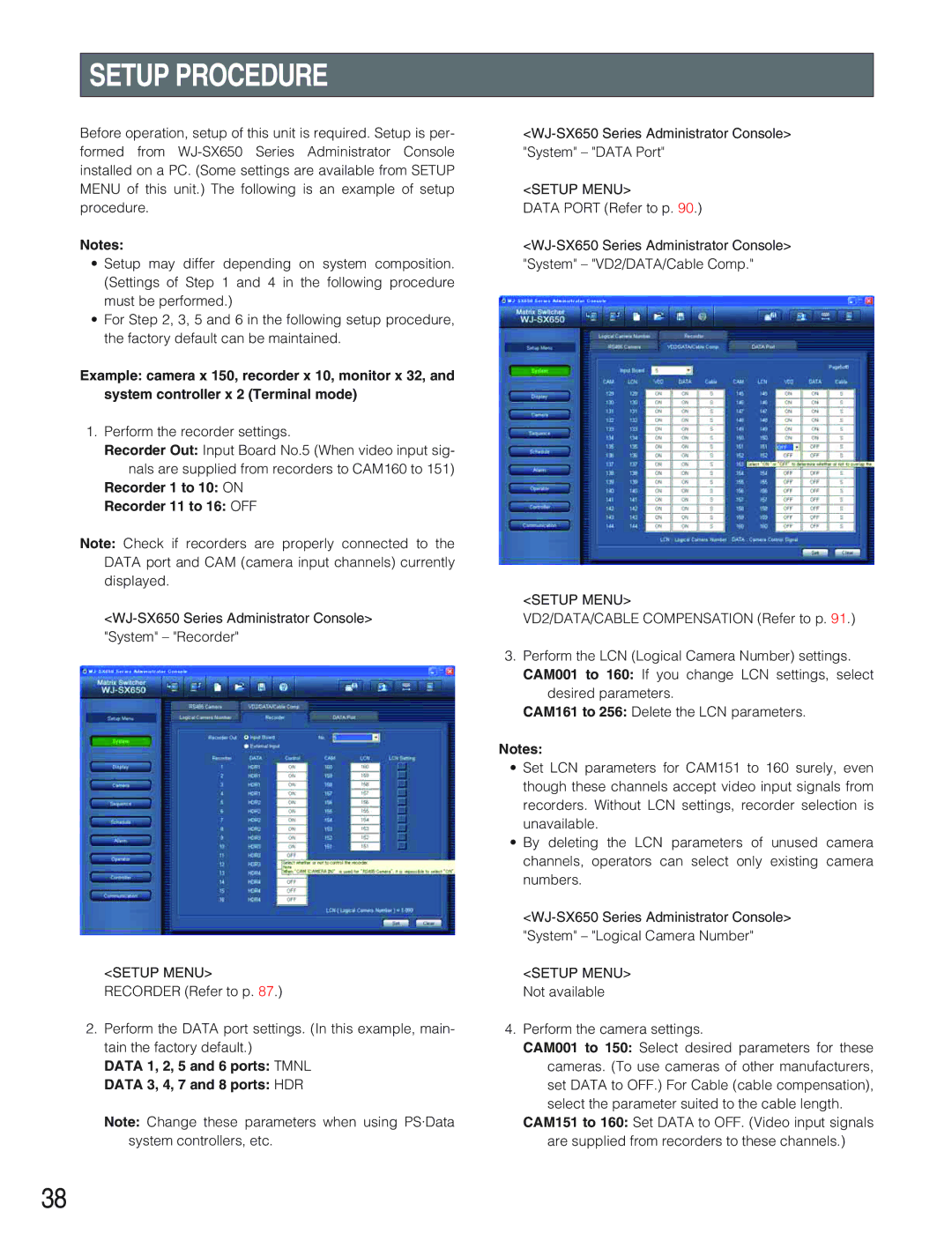 Panasonic WJ-SX650 manual Setup Procedure, Recorder 1 to 10 on Recorder 11 to 16 OFF, Setup Menu 