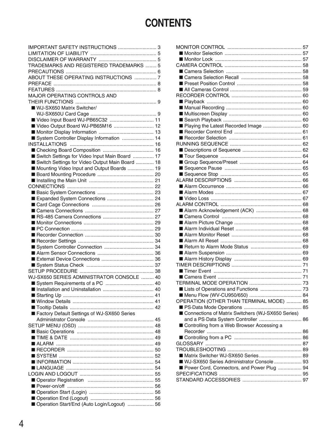 Panasonic WJ-SX650 manual Contents 