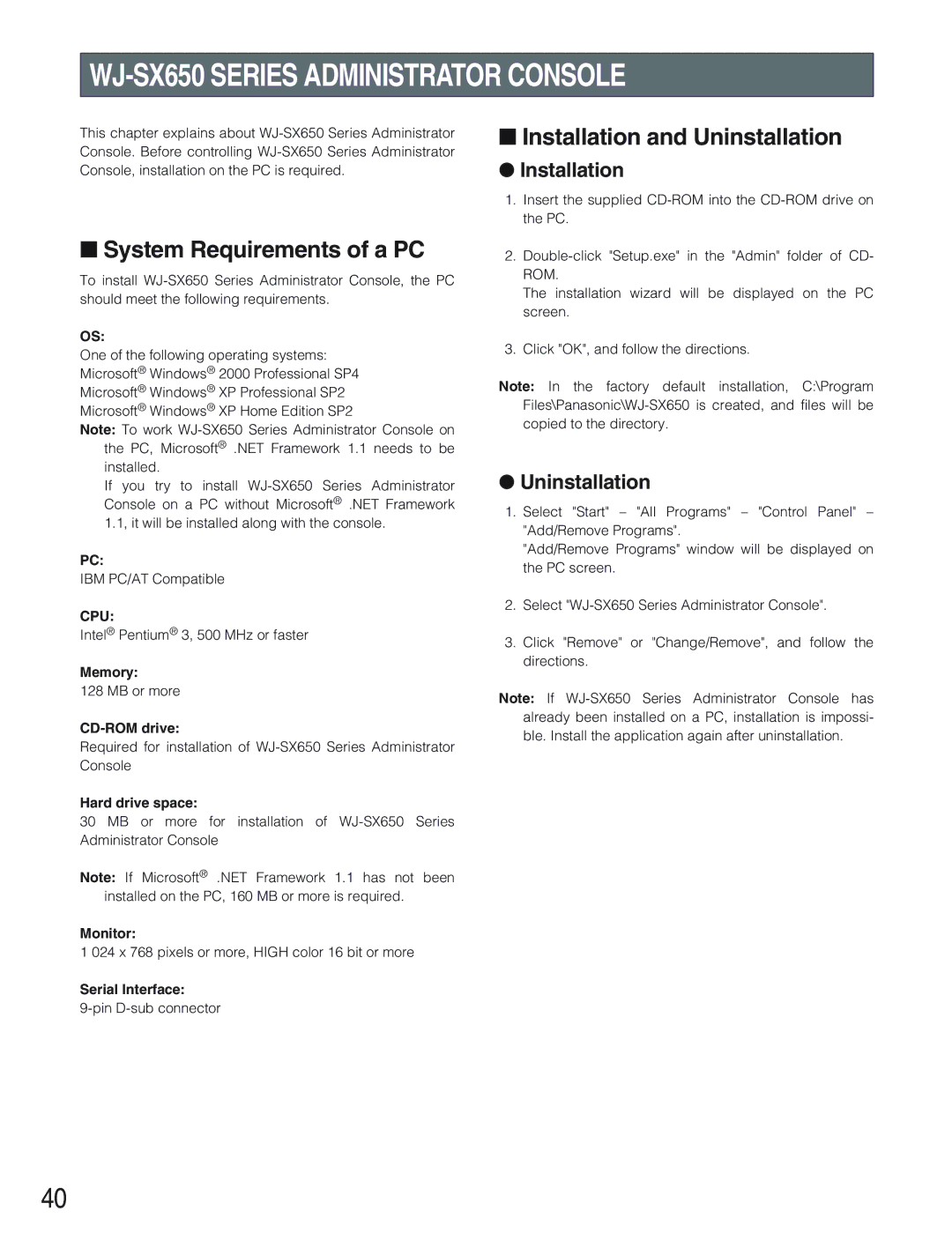 Panasonic manual WJ-SX650 Series Administrator Console, System Requirements of a PC, Installation and Uninstallation 