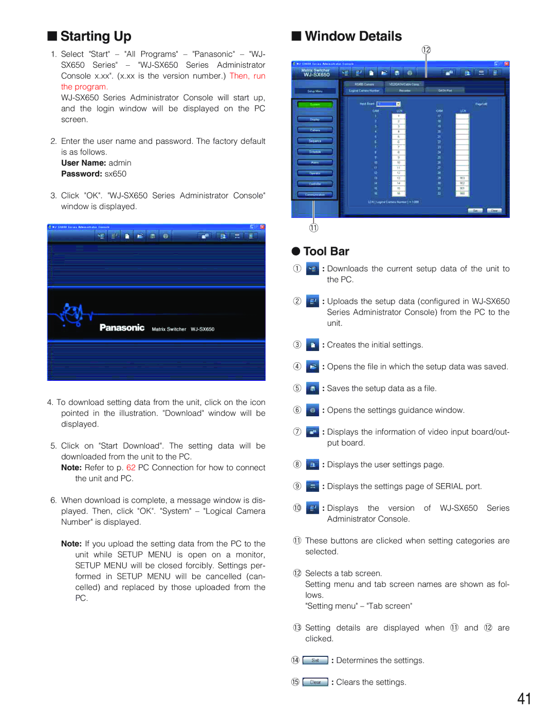 Panasonic WJ-SX650 manual Starting Up, Window Details, Tool Bar, User Name admin Password sx650 