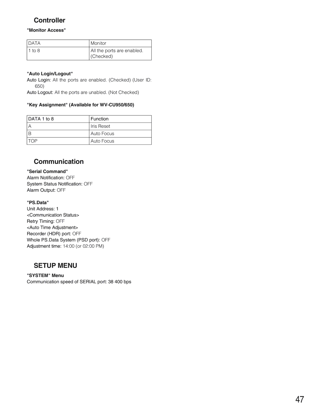 Panasonic WJ-SX650 manual Controller, Communication 