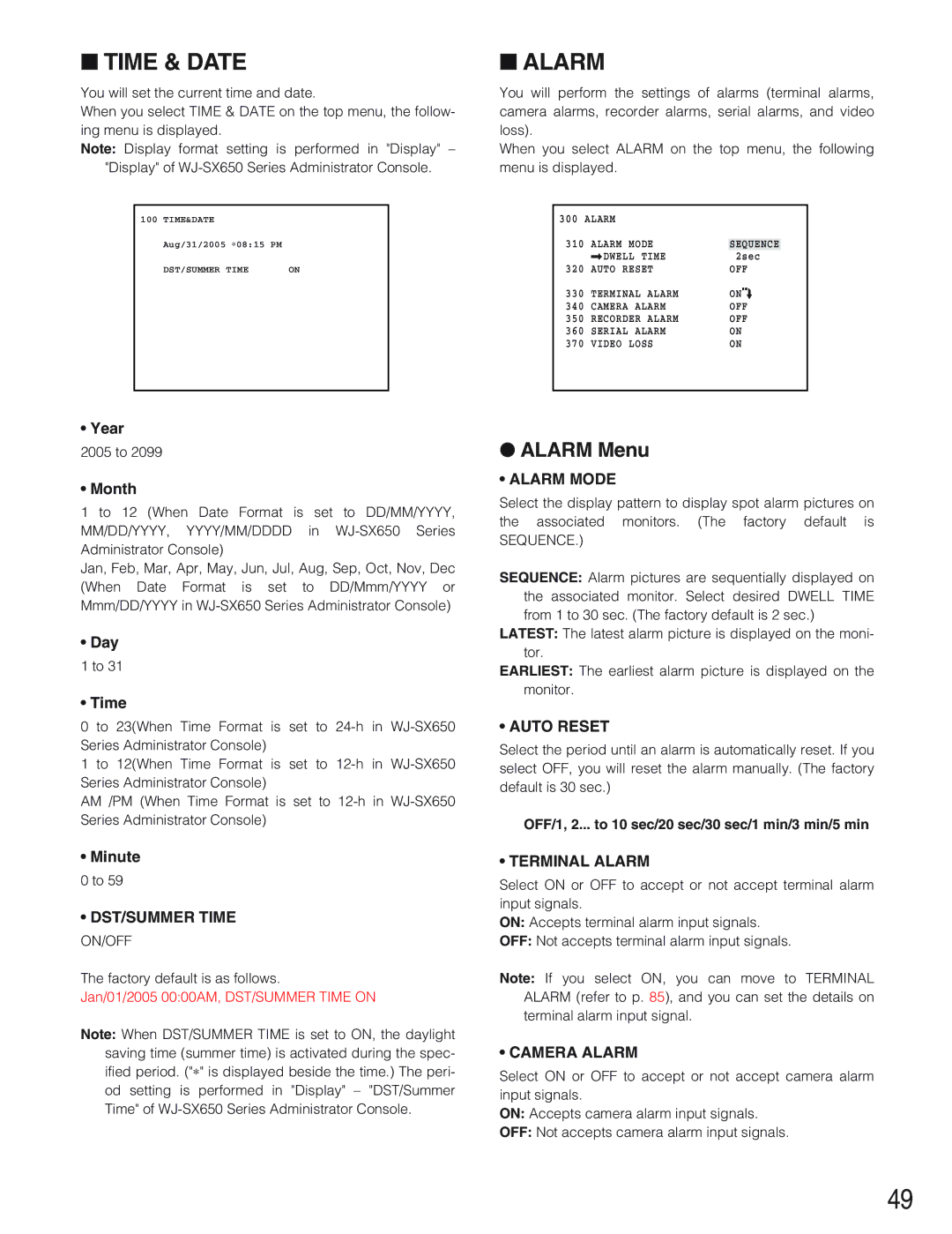 Panasonic WJ-SX650 manual Alarm Menu, Year, Month, Day Time, Minute 