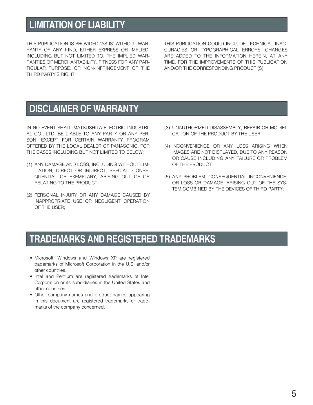 Panasonic WJ-SX650 manual Limitation of Liability, Disclaimer of Warranty, Trademarks and Registered Trademarks 