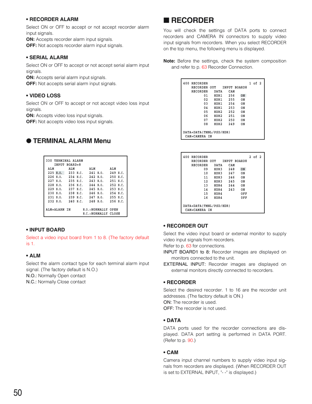 Panasonic WJ-SX650 manual Terminal Alarm Menu, Recorder Alarm 