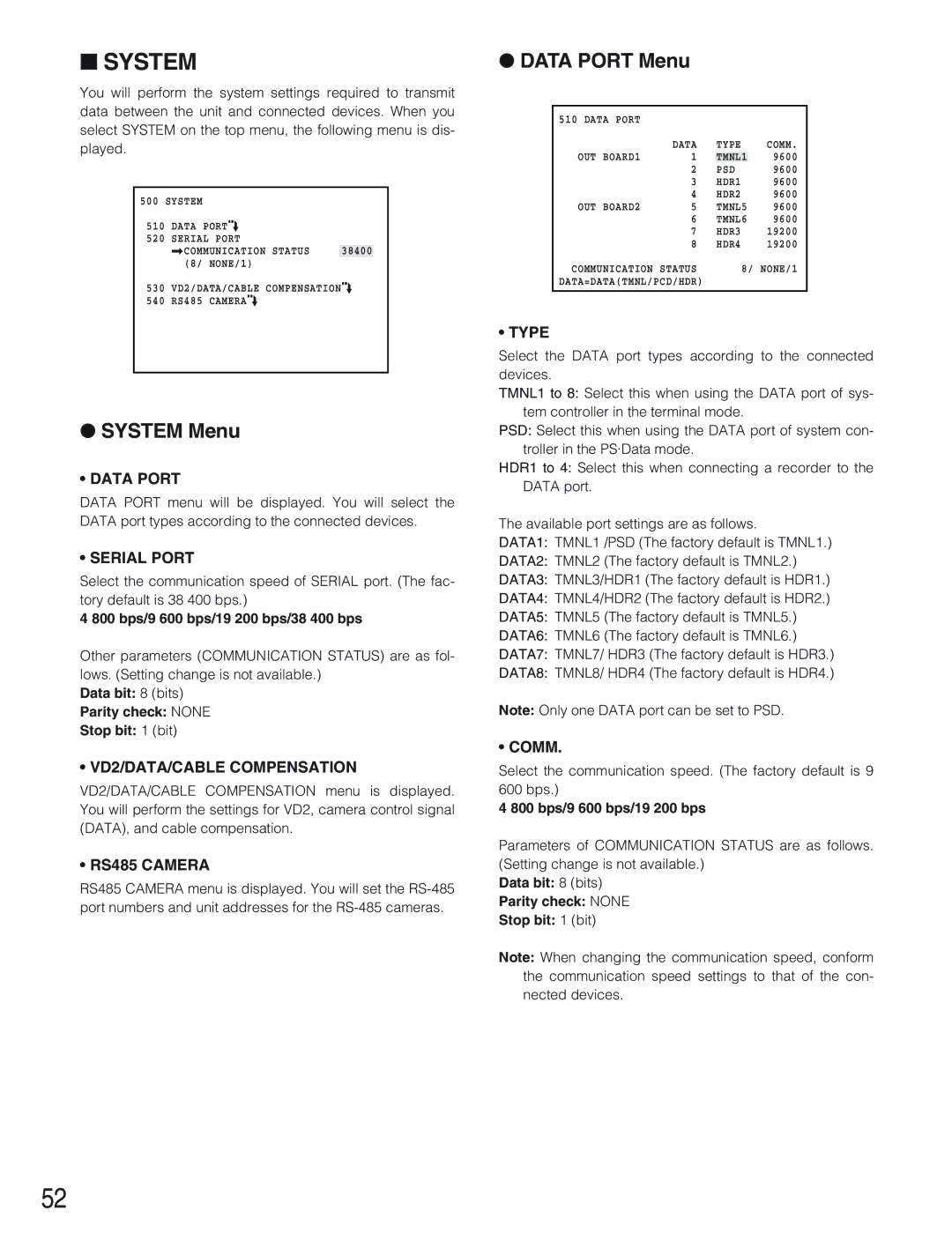 Panasonic WJ-SX650 manual System Menu, Data Port Menu, 800 bps/9 600 bps/19 200 bps/38 400 bps 