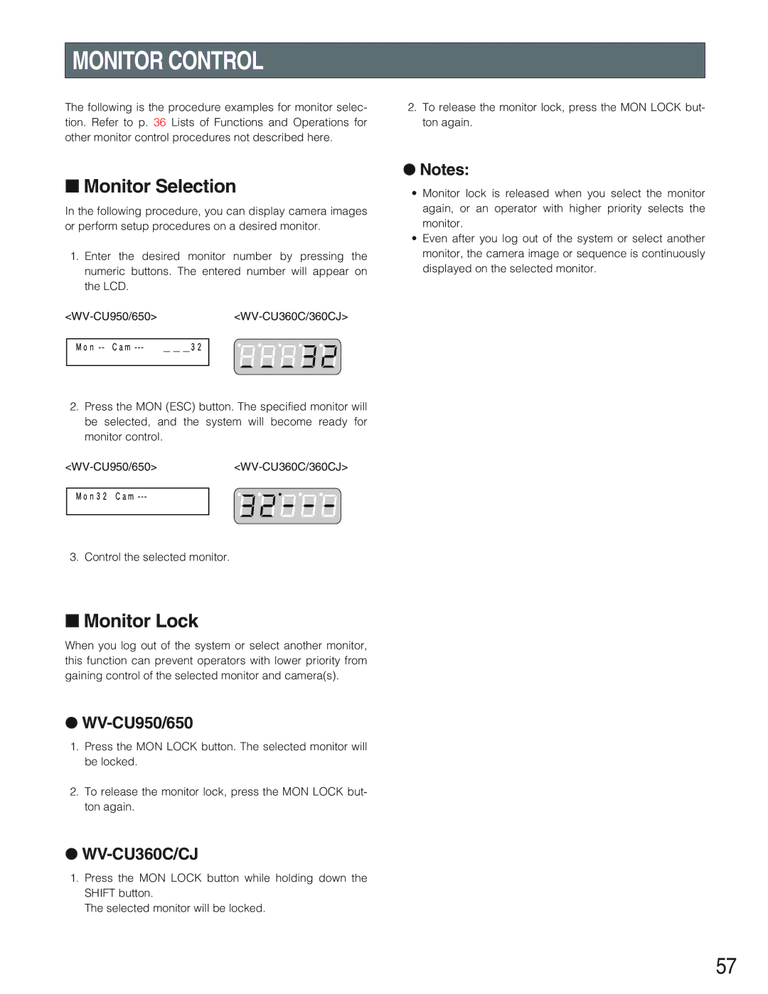 Panasonic WJ-SX650 manual Monitor Control, Monitor Selection, Monitor Lock 