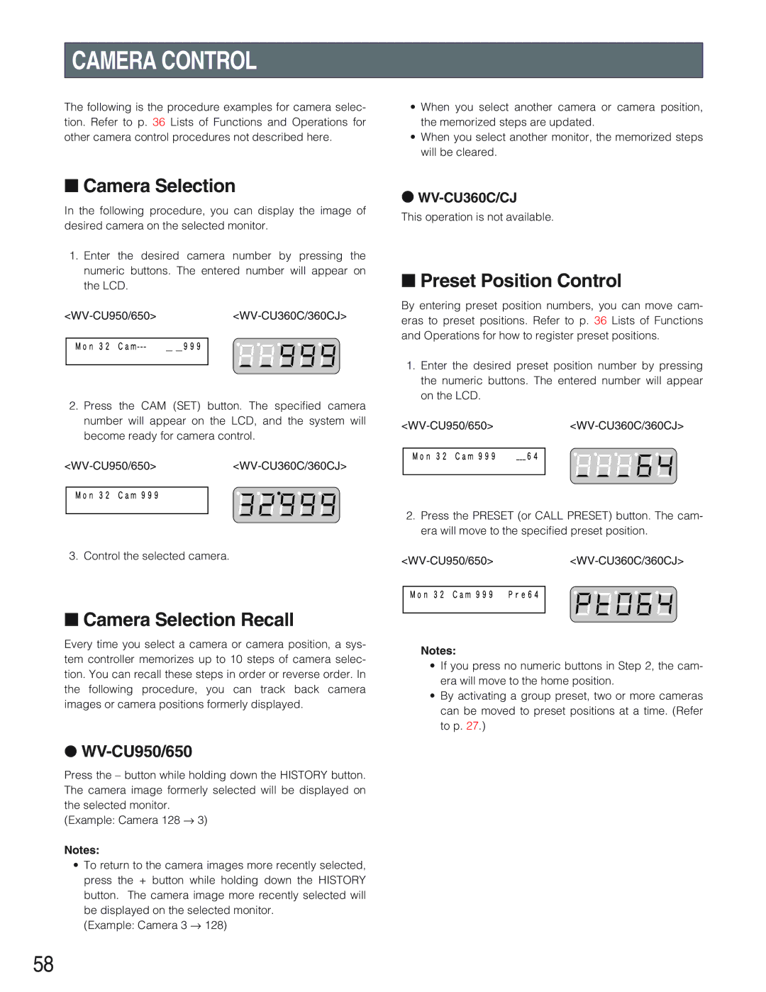 Panasonic WJ-SX650 manual Camera Control, Preset Position Control, Camera Selection Recall 