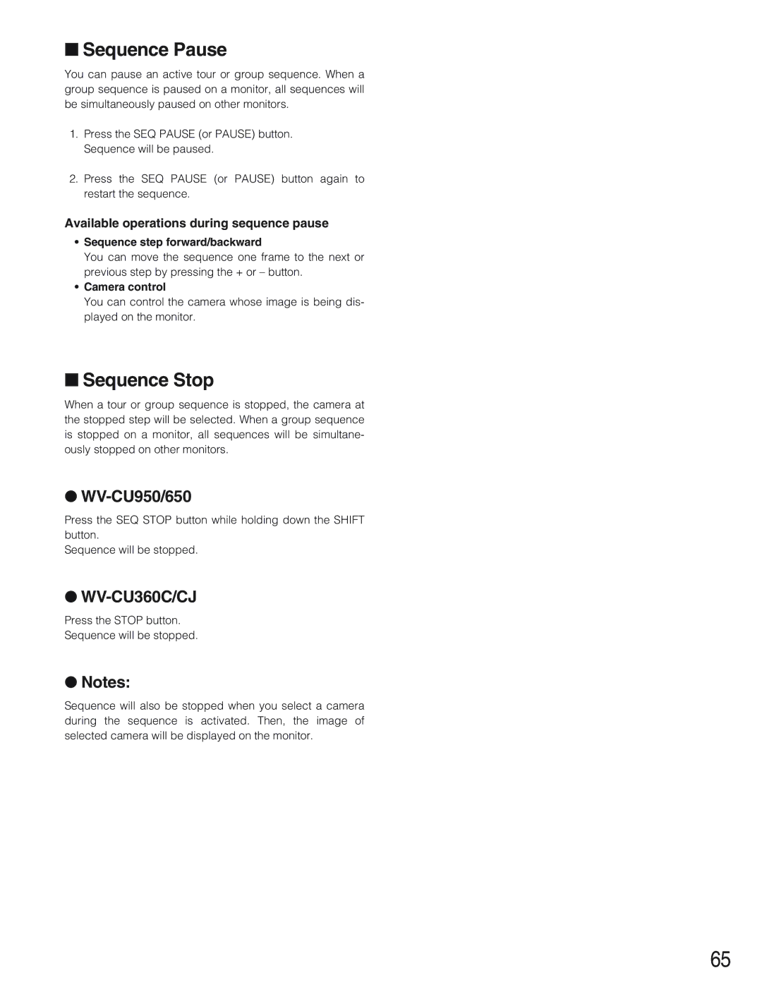 Panasonic WJ-SX650 manual Sequence Pause, Sequence Stop, Available operations during sequence pause 