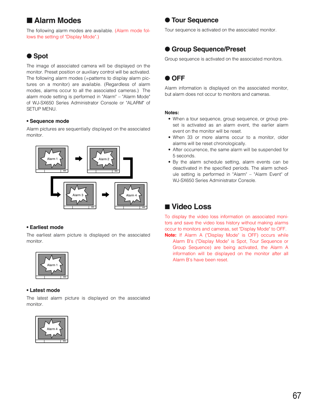 Panasonic WJ-SX650 manual Alarm Modes, Video Loss, Spot, Group Sequence/Preset 