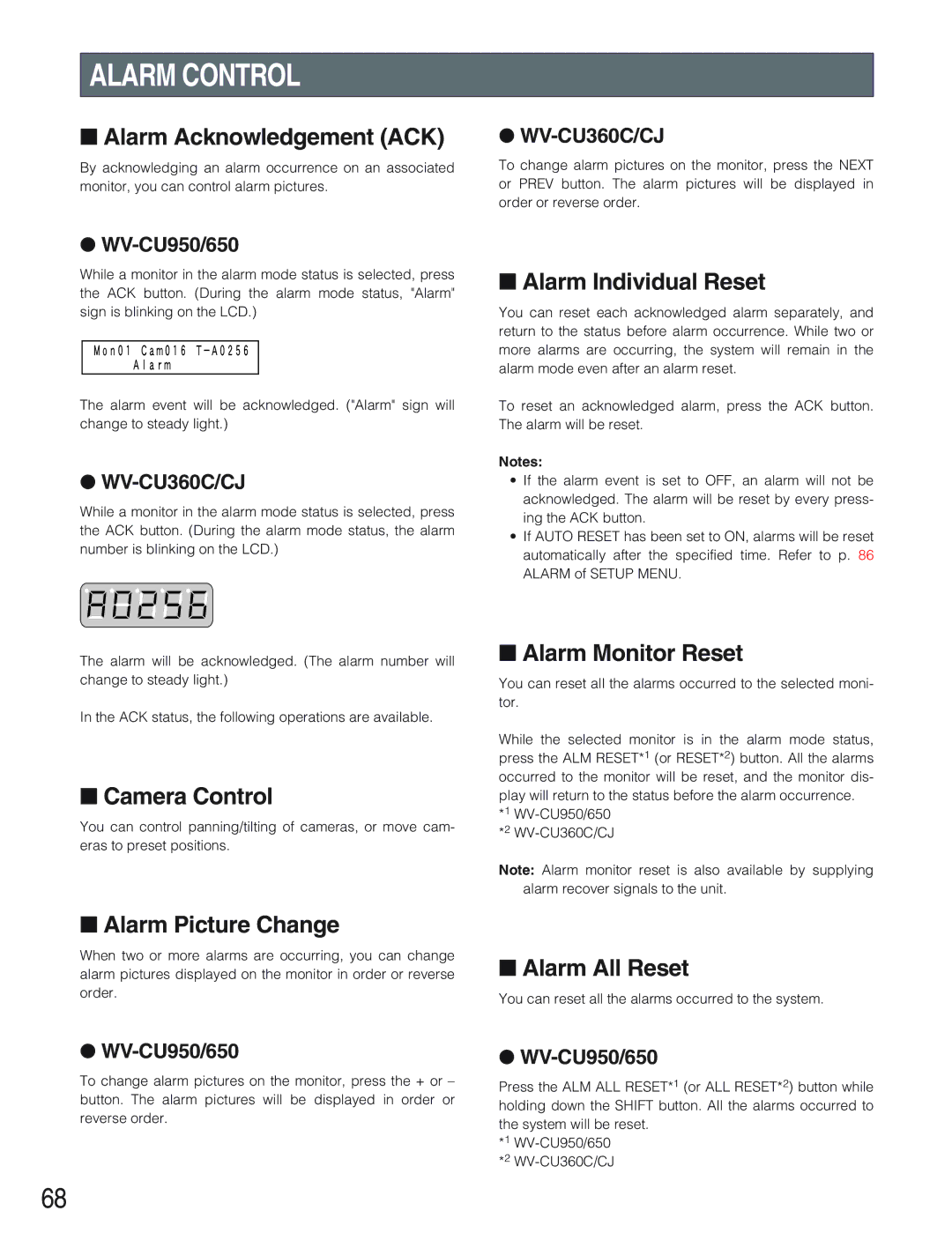 Panasonic WJ-SX650 manual Alarm Control 