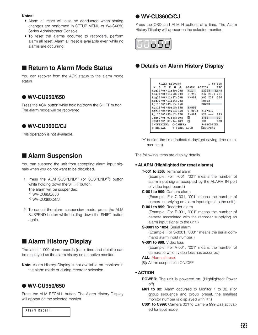 Panasonic WJ-SX650 manual Return to Alarm Mode Status, Alarm Suspension, Details on Alarm History Display 