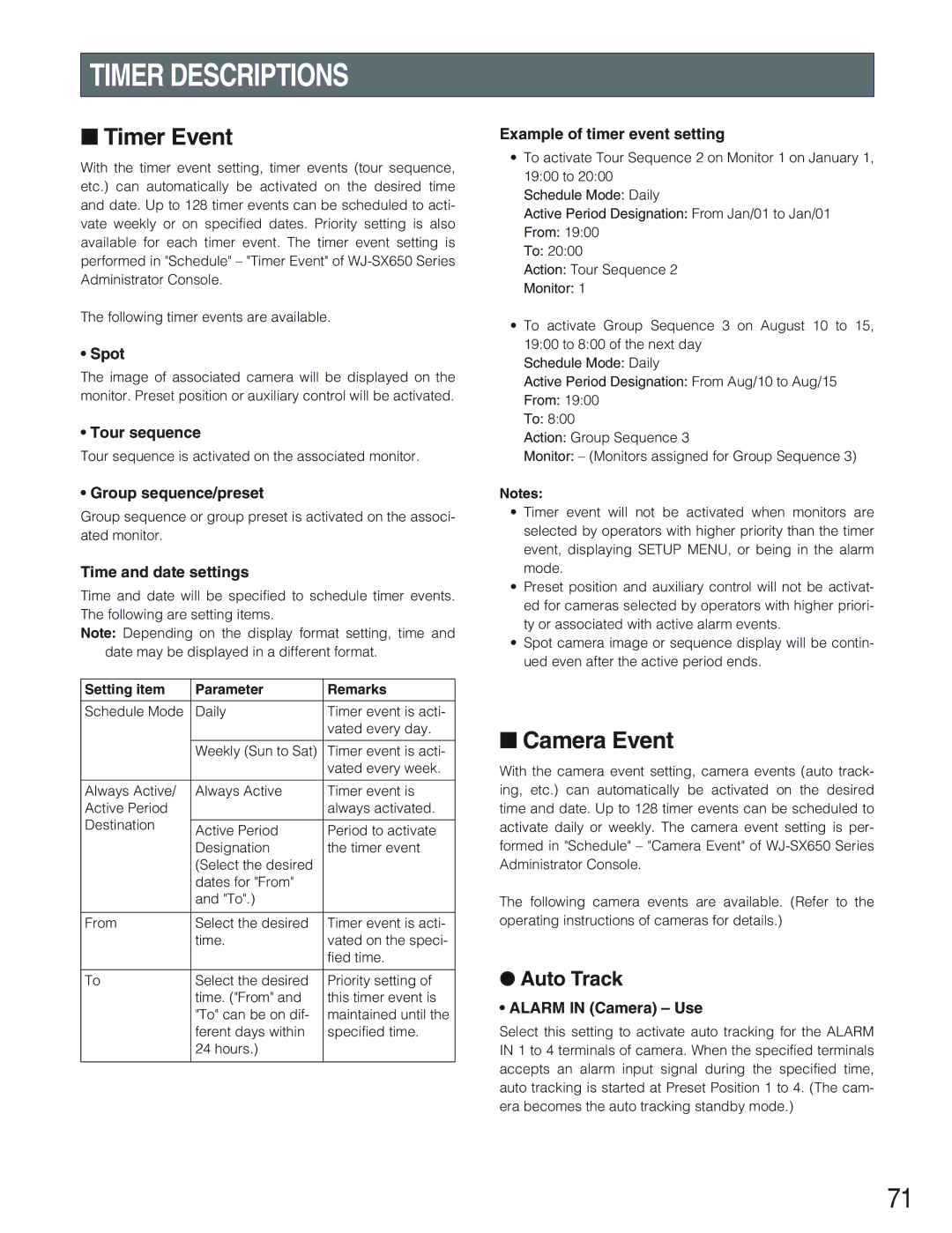 Panasonic WJ-SX650 manual Timer Descriptions, Timer Event, Camera Event, Auto Track 