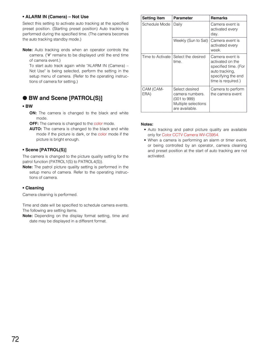 Panasonic WJ-SX650 manual BW and Scene Patrols, Alarm in Camera Not Use, Cleaning 